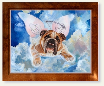 Dog painting by Connie Bowen of the bulldog Zelda Wisdom in her angel wings outfit