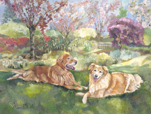 Custom dog portrait painting by Connie Bowen of Reggie and Megan, a golden retriever and mixed breed dog, at home in their garden. These dogs loved to romp in their own grassy field.