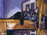 Custom cat portrait painting by Connie Bowen of TT, a black cat. His name stands for "Tiny Terror". Black kittens are very fun to paint!