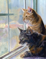 Custom cat portrait painting by Connie Bowen of Dahltrey and Jonah, two tabby cats peering out their apt. window. Cats love to sit by the window!
